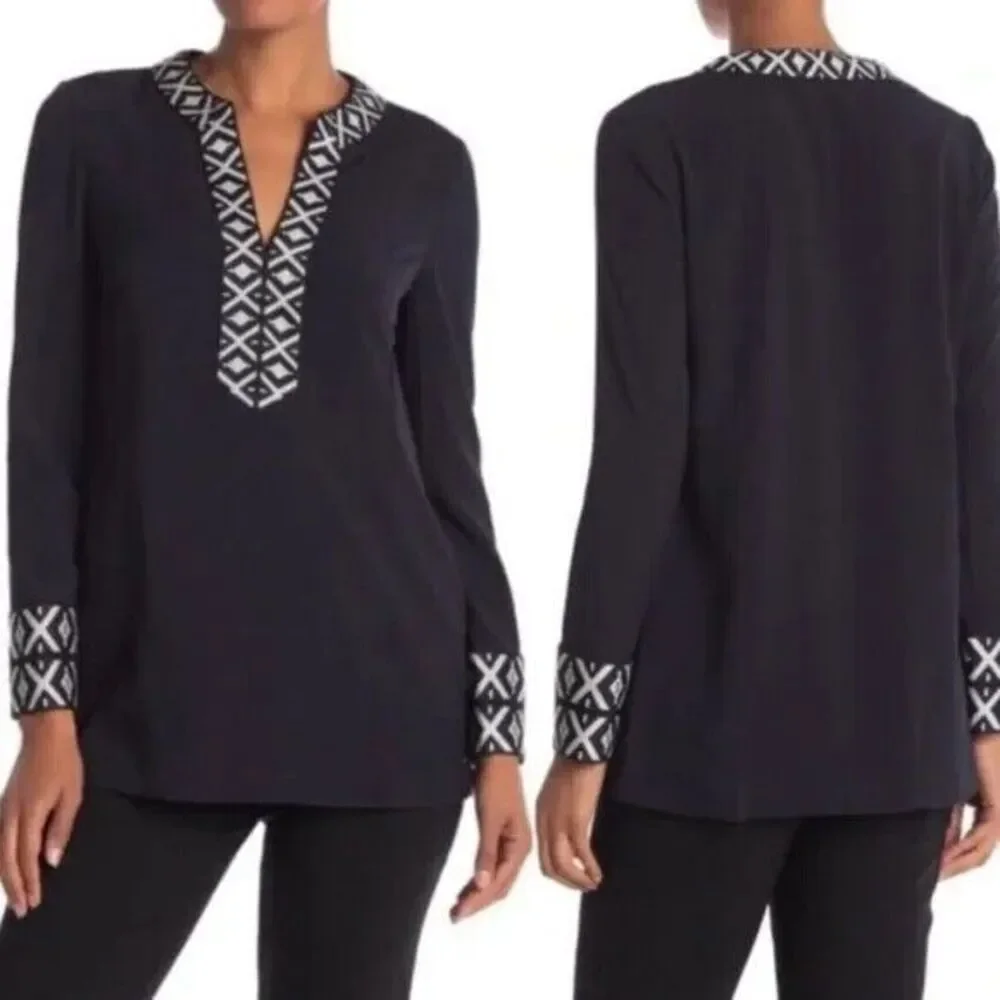 Tory Burch 2 Navy Blue Ariana Embroidered Knit Trim V Neck Long Sleeve Tunic Top